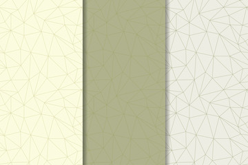 Geometric polygonal patterns. Set of olive green vertical seamless backgrounds