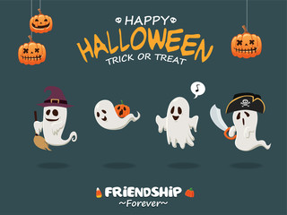 Vintage Halloween poster design with vector ghost in demon, witch, pirate, monster costume. 