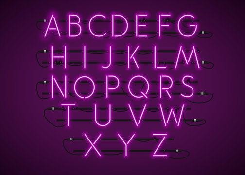 Purple neon character font set on purple background.