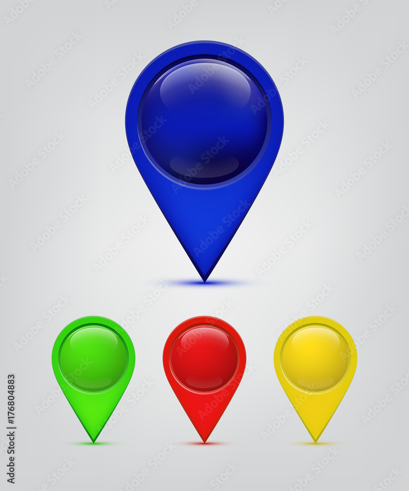 Poster map pin set. vector shiny signs for map isolated on grey background.