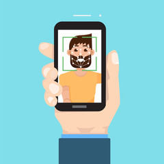 Biometric identification, face recognition system concept. smartphone in hand. Vector illustration.