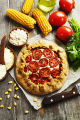 Corn galette with cottage cheese and tomatoes