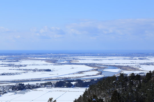 冬の庄内平野　眺海の森より望む　Shonai, Yamagata, Japan