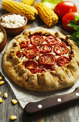 Corn galette  with cottage cheese and tomatoes