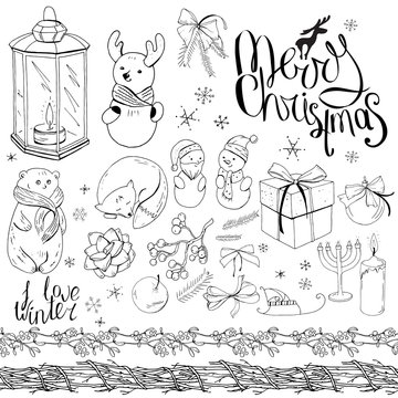 Big set with vintage Christmas decoration isolated on white. Festive elements and symbols, retro style, for new year season design. Black and white, contour, hand drawn.