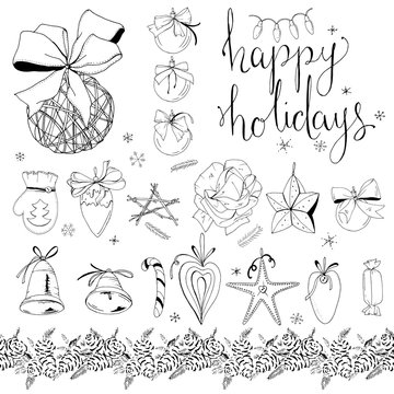 Big set with vintage Christmas decoration isolated on white. Festive elements and symbols, retro style, for new year season design. Black and white, contour, hand drawn.