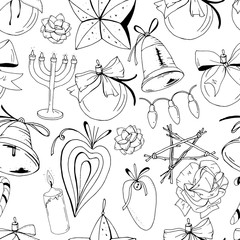 Seamless pattern with christmas vintage decoration. New year retro symbols on white. Black and white, contour, hand drawn. Endless texture for festive season design.