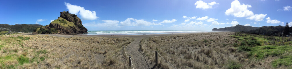 Fototapeta na wymiar Panoramic landscape of Piha beach New Zealand