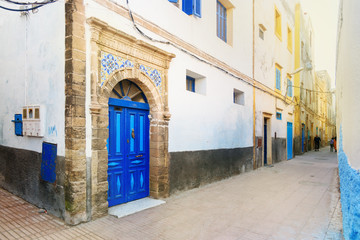 Traditional Moroccan blue door in medina