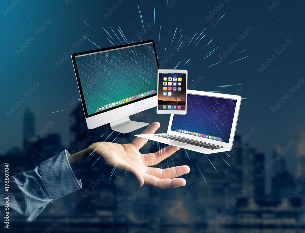 Poster computer and devices displayed on a futuristic interface with business network - multimedia and tech