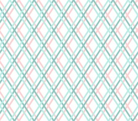 Geometric background, seamless, thin blue line, diamonds, vector. Turquoise and pink thin lines cross on a white field. Vector decor. 