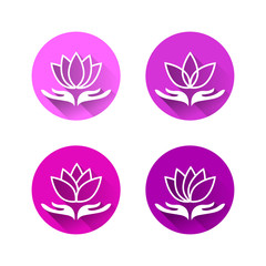 Hand holding lotus flower. Circle icon set in flat design with long shadow.