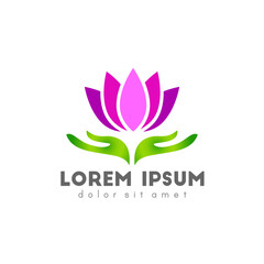 Hand holding flower with pink petals as logo design