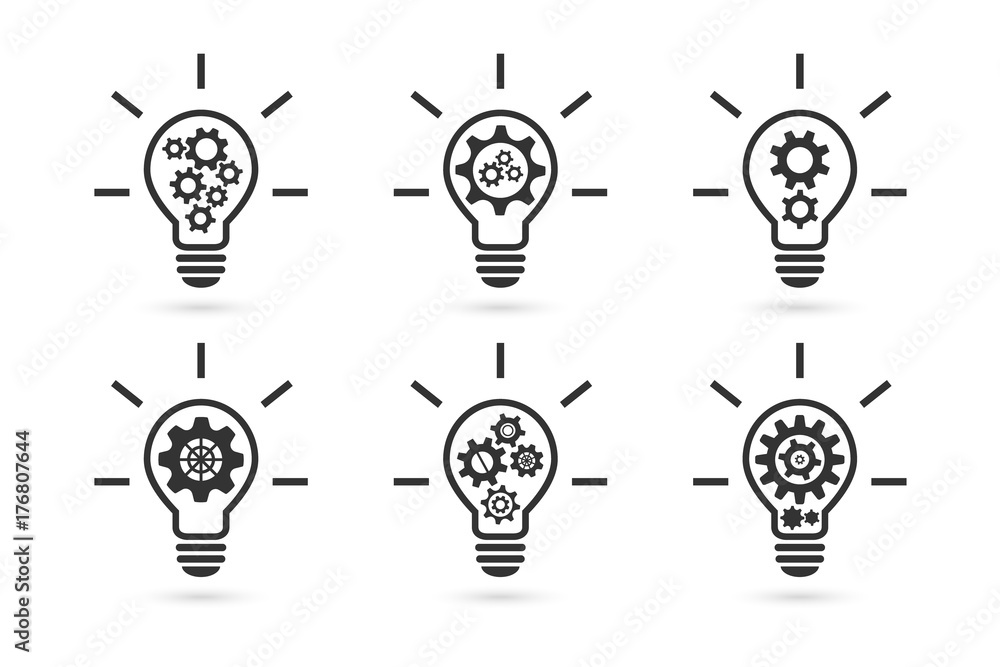 Poster lightbulb with gears concept. icon set.