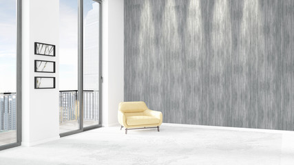 Brand new white loft bedroom minimal style interior design with copyspace wall and view out of window. 3D Rendering.