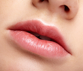 Fototapeta premium Closeup macro portrait of female part of face. Human woman lips with day beauty makeup. Girl with perfect chubby lips shape