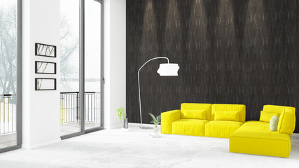 Brand new white loft bedroom minimal style interior design with copyspace wall and view out of window. 3D Rendering.