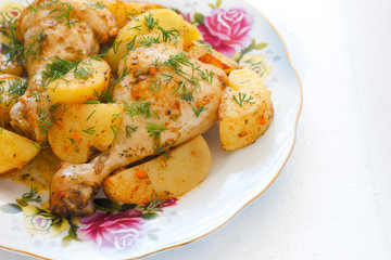 plate with chicken and potatoes on white background .