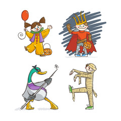 Set of kids in costumes for Halloween. Lich or russian King Koschey, Mummy, Clown, Goose.