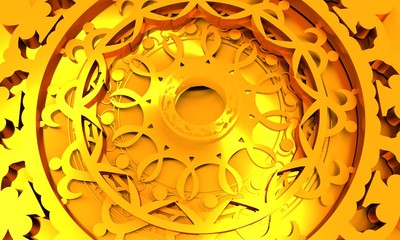 Decorative design element. Patterns with geometric ornament. Circular ornamental symbol. Arabic and Indianmotifs. Golden metallic material. 3D rendering