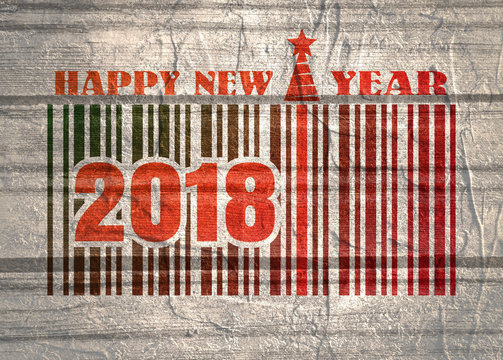 New Year and Christmas celebration card template. Happy New Year text. Bar code with 2018 number. Illustration relative to holiday sales. Grunge concrete wall texture