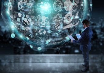 Businessman watching digital sphere interface on a rooftop 3D rendering