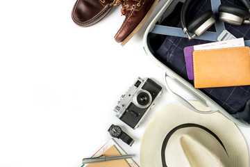 Top view of travel accessories and Notebook on white table, Travel planning concept with Copy space