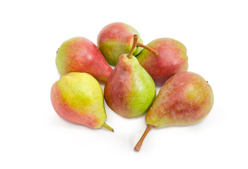 Red and green European pears on a white background