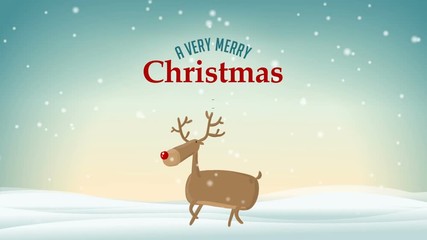 Cartoon Cute Deer with Santa in the sky on Snowy Blue Winter background with Greeting A Very Merry Christmas and Happy New Year text label card Animation