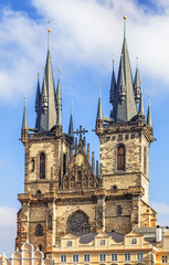Fototapeta na wymiar The famous sightseeing of Prague. Church of Our Lady before Tyn on the Old Town