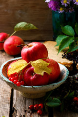 Autumn still life with apples  and flowers
