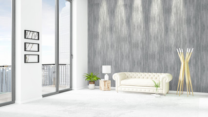 Brand new white loft bedroom minimal style interior design with copyspace wall and view out of window. 3D Rendering.