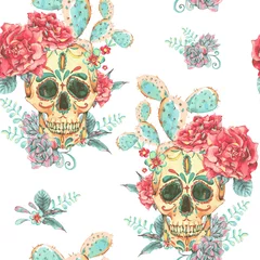 Wall murals Human skull in flowers Vintage vector seamless pattern with skull and roses