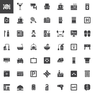 Hotel services and facilities vector icons set, modern solid symbol collection, filled pictogram pack. Signs, logo illustration. Set includes icons as hotel, reception, laundry, bell boy, sofa