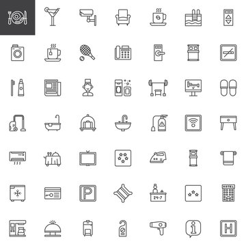 Hotel services and facilities line icons set, outline vector symbol collection, linear style pictogram pack. Signs, logo illustration. Set includes icons as hotel, reception, laundry, bell boy, sofa