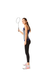 Beautiful Asian woman holding a badminton racket isolated on white background