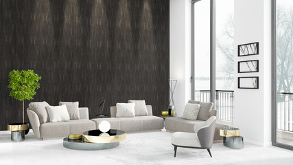 Brand new white loft bedroom minimal style interior design with copyspace wall and view out of window. 3D Rendering.