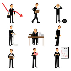 Failed businessman character set, business and financial failure, bankruptcy, economic crisis, unemployment vector Illustrations