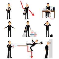 Frustrated businessman character set, business and financial failure, bankruptcy, economic crisis, unemployment vector Illustrations