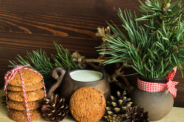 Christmas interior composition of natural materials. Selective focus.