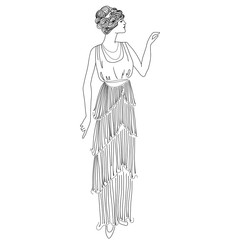 Retro style girl. Vintage card. Black and white vector illustration. Anti-stress adult coloring.