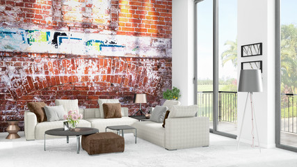 Brand new white loft bedroom minimal style interior design with copyspace wall and view out of window. 3D Rendering.
