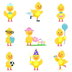 Cute yellow duckling characters set, funny duck in different poses and situations cartoon vector Illustrations