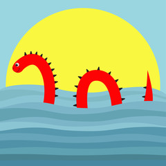 Water monster with thorns, eye, tail Swimming floating Sea ocean wave sunset. Snake shape. Loch Ness Nessy fictional creature. Cute cartoon character. Baby collection. Flat design. Blue background sun