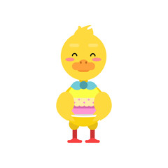 Funny little yellow duckling holding birthday cake cartoon character vector illustration