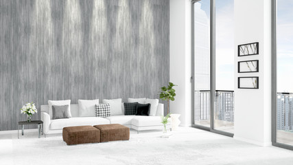 Brand new white loft bedroom minimal style interior design with copyspace wall and view out of window. 3D Rendering.