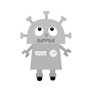 Robot looking up. Screw nose, clock heart, diagram, open mouth with tooth. Legs wheel. Cute vintage cartoon character. Gray metal. Baby collection. Flat design. White background. Isolated.