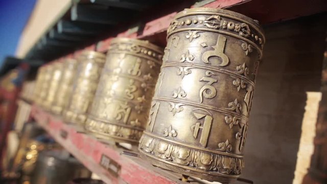 Buddhist prayer drums at a monastery in Mongolia.