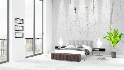 Brand new white loft bedroom minimal style interior design with copyspace wall and view out of window. 3D Rendering.