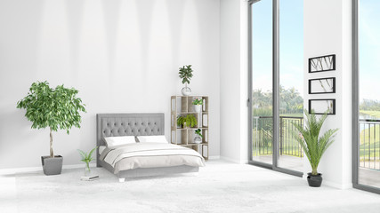 Brand new white loft bedroom minimal style interior design with copyspace wall and view out of window. 3D Rendering.